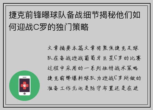 捷克前锋曝球队备战细节揭秘他们如何迎战C罗的独门策略