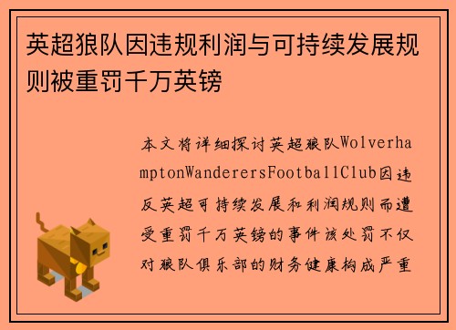英超狼队因违规利润与可持续发展规则被重罚千万英镑