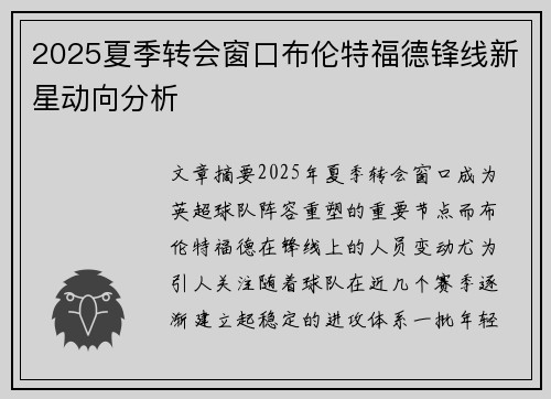 2025夏季转会窗口布伦特福德锋线新星动向分析 2025夏季转会窗口布伦特福德锋线新星动向分析