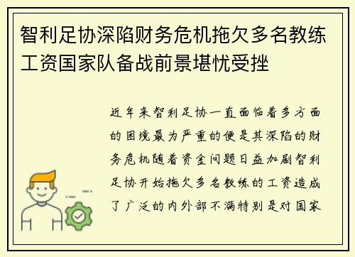 智利足协深陷财务危机拖欠多名教练工资国家队备战前景堪忧受挫 智利足协深陷财务危机拖欠多名教练工资国家队备战前景堪忧受挫